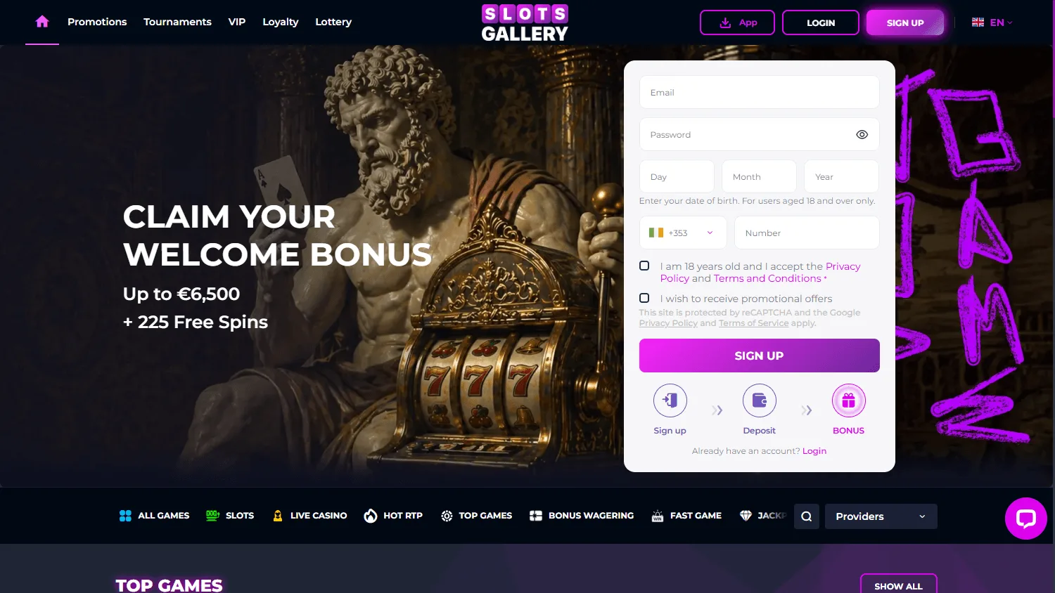 Slots Gallery Casino desktop games lobby