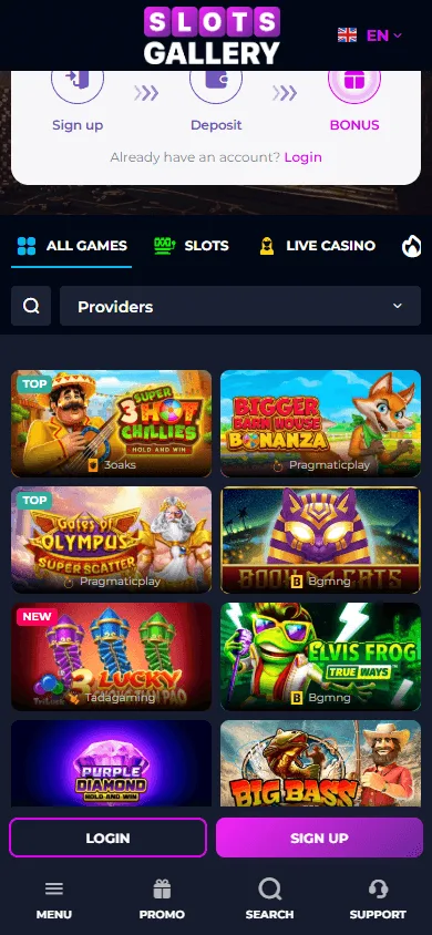 Slots Gallery Casino mobile game selection