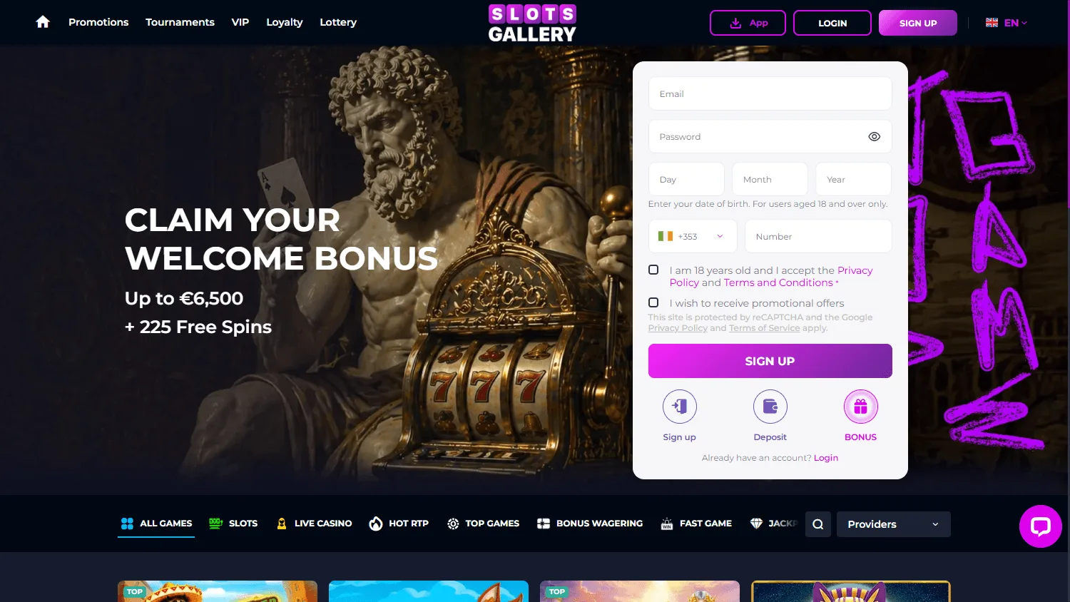 Slots Gallery Casino desktop game selection
